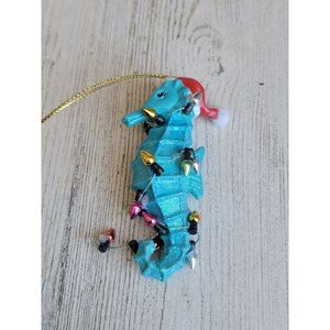 Blue seahorse glitter Santa hat ornament Xmas
